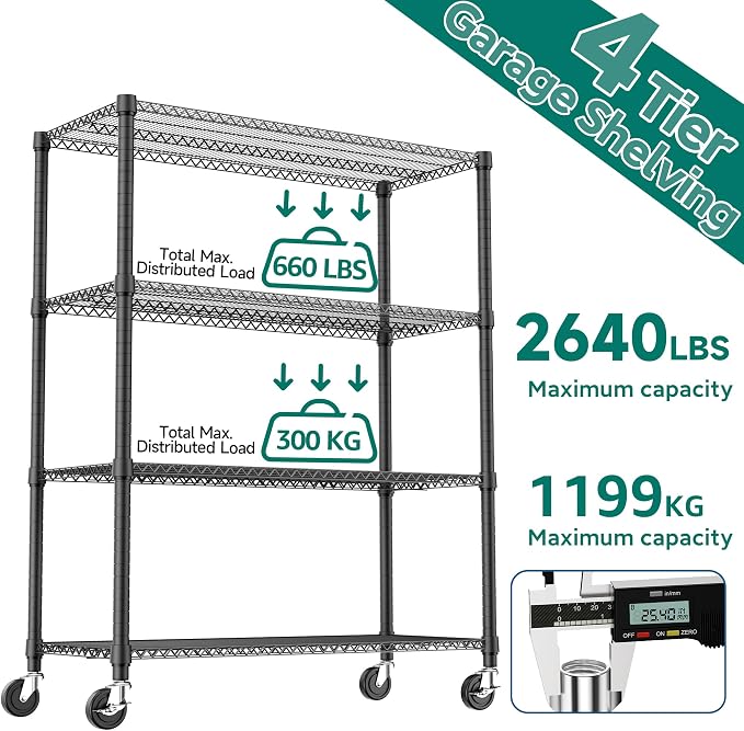 M MZG 2640LBS 53.1" W 4 Tiers Shelf Steel Storage Shelves Shelving Unit Steel Organizer Wire Rack for Home,Kitchen,Office,Garage Black 23.6" D x 53.1" W x 73.6" H
