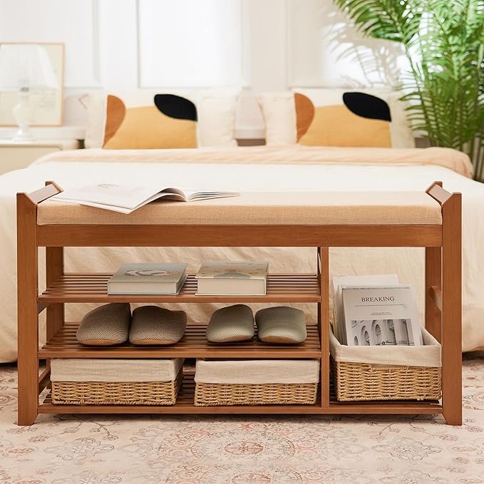 Shoe Rack Bench with Cushion 39.4“, Shoe Rack for Front Door Entrance, Shoe Bench with Storage for Entryway Hallway Bedroom Living Room