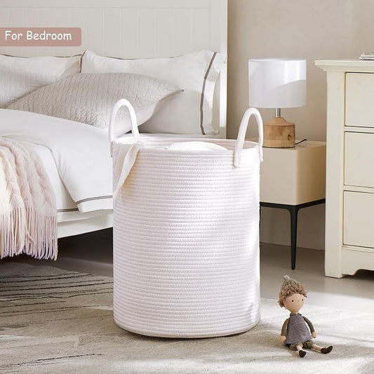 60L Pure White Woven Hamper Laundry Basket Cotton Rope Blanket Basket for Living Room 15Dx20H inches Tall Clothes Hamper for Baby Nursery Kids in Bedroom Large