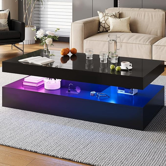 47” High-Glossy LED Coffee Table with 2 Sliding Drawers, Living Room Storage Coffee Tables, Modern Stylish Double-Layer Center Tables with LED Lights, Black