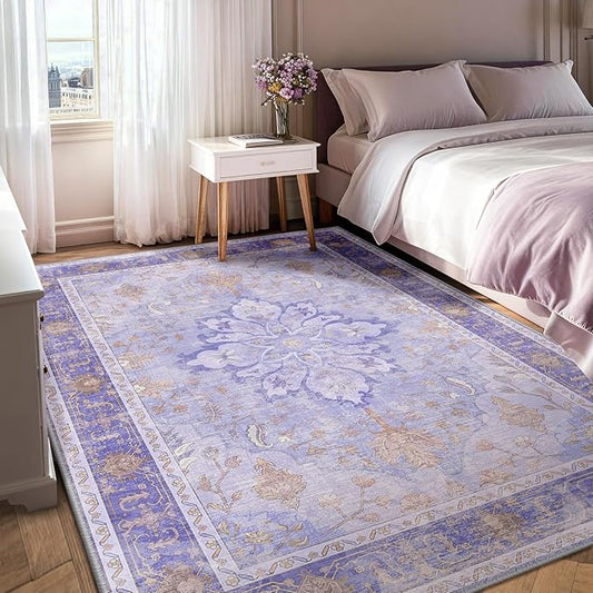 RELEANY Area Rugs 6'x8' Washable Non-Slip, Floral Vintage Distress Medallion Carpet for Living Room Bedroom Dining Room, Light Purple Brown