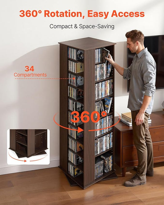 VEVOR Media Storage Cabinet, CD Rack Tower, 34 Compartments Rotating Media Tower Rack for CDs, DVDs, Books and Game Discs, DVD Stand for Living Room, Home Office and Recording Room, Brown