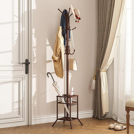 ELYKEN Coat Rack Freestanding, Metal Coat Rack Stand with Umbrella Holder, Modern Coat Tree with 12 Hooks, Floor Standing Corner Hall Tree for Entryway Living Room Bedroom Office, Brown