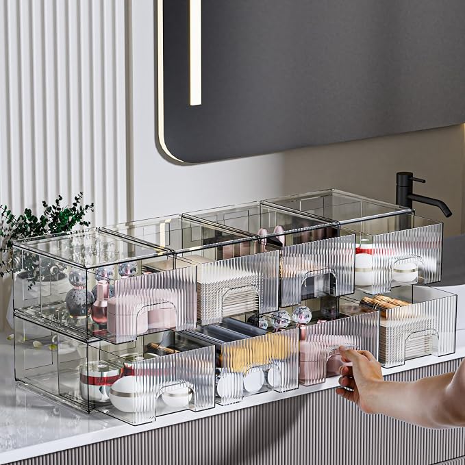 ZHIAI 8 Pack Clear Stackable Storage Drawer, Acrylic Drawer, Cosmetic Organizer, Plastic Organizer for Dresser, Under, Kitchen Cabinet, Pantry, Home Organization and Storage