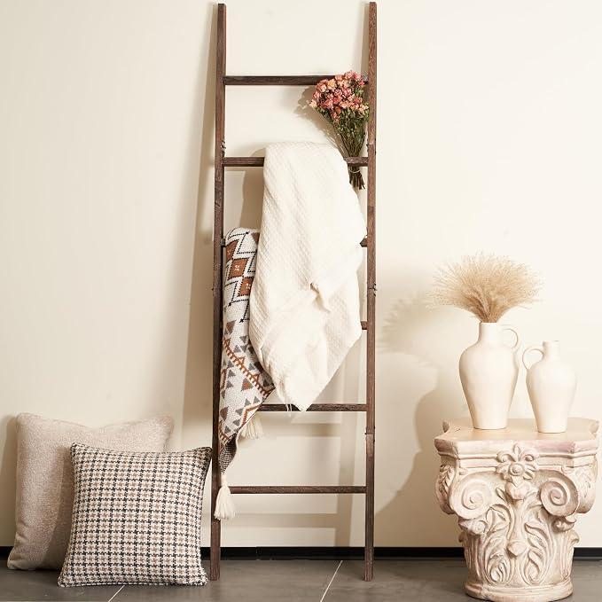 Blanket Ladder for The Living Room 6-Tier, Wooden Decorative Quilt Holder for Bed Room, Wall-Leaning Wood Towel Rack for Bathroom,Rustic Farmhouse Ladders for Display. (Washed Brown)
