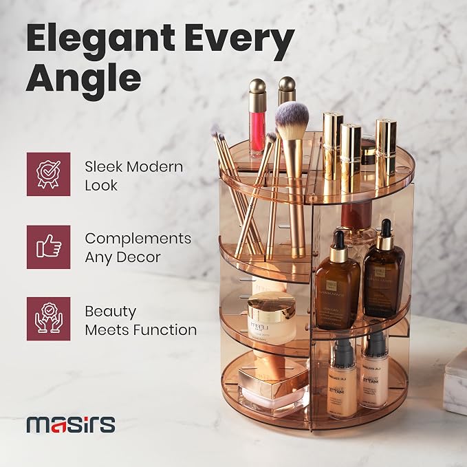Masirs 360 Rotating Makeup Organizer - Adjustable Shelf Height and Fully Rotatable - The Perfect Round Spinning Cosmetic Organizer for Bedroom Dresser or Vanity Countertop Storage (Brown)