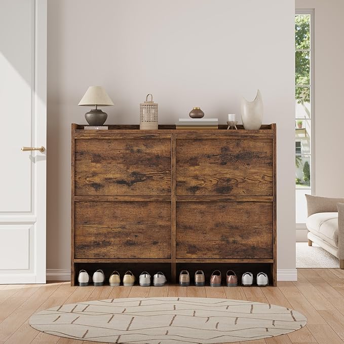IDEALHOUSE Shoe Cabinet with 4 Flip Drawers,Hidden Wood Shoe Storage with Adjustable Shelf,Freestanding Shoe Organizer Rack for Entryway,Hallway,Living Room(Rustic Brown)