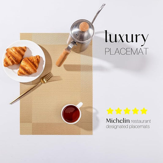 LEXMORE Placemats Set of 6 Vinyl/Plastic Woven Place Mats for Kitchen Table Indoor/Outdoor Washable Placemat Wipeable Dining Table Mats(Gold Cube)
