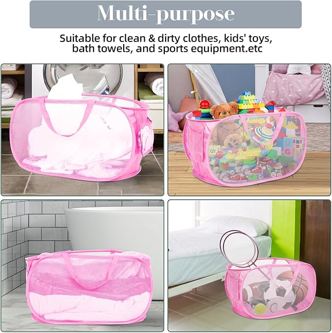 4 Pcs Durable Collapsible Laundry Baskets, Foldable Large Opening Pop Up Laundry Hamper with Pocket, Clothes Hamper with Handles for Laundry, Bathroom, Kids Room, Dorm or Travel Pink