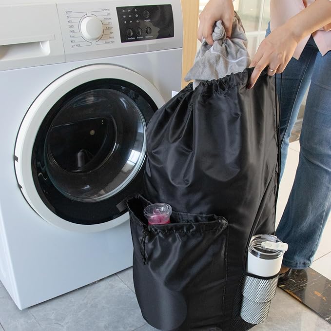 Polecasa Extra Heavy-Duty Backpack Laundry Bag 13.5x29- Large Drawstring bag with Comfortable Padded Shoulder Straps & 4 Pockets & ID Tag for Dorm, College, Travel, Black