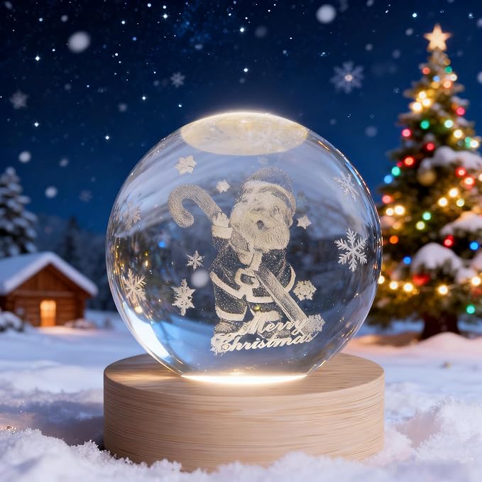Christmas Decoration Snowflakes 3D Crystal Ball, 2.4 inch Decorative Ball Glass Santa Sphere, Paperweight Crystal Display Sculpture Home Decor Crafts for Girls Friends Women Family