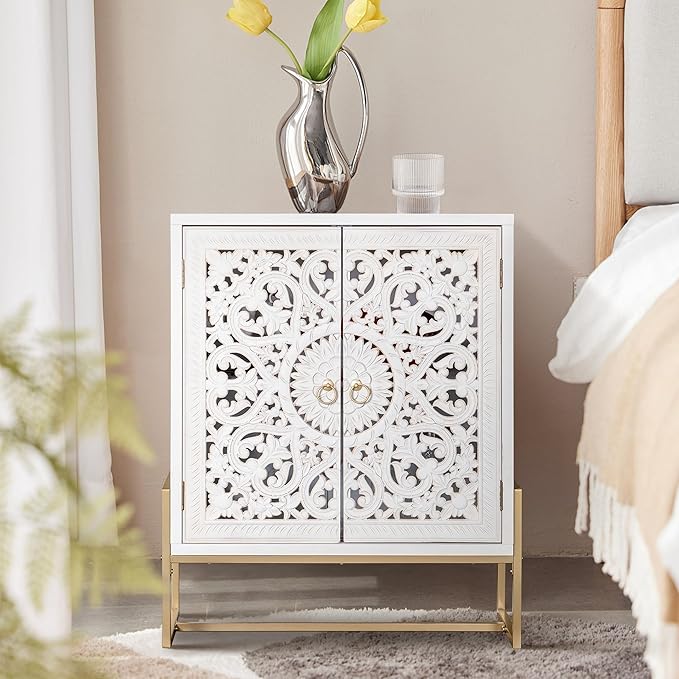 Sophia & William Accent Cabinet with Doors, White Distressed Storage Cabinet Display Cabinet with 2 Hollow-Carved Doors and Metal Legs for Living Room Entryway