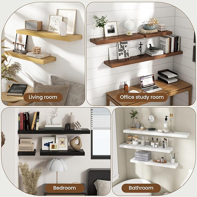 72 Inch Floating Shelves for Wall, 8 Inch Deep Floating Shelf for Storage & Display, Wall Mounted Shelf with Invisible Brackets for Living Room, Kitchen, Bathroom, Home Decor, Set of 2, Rustic Brown