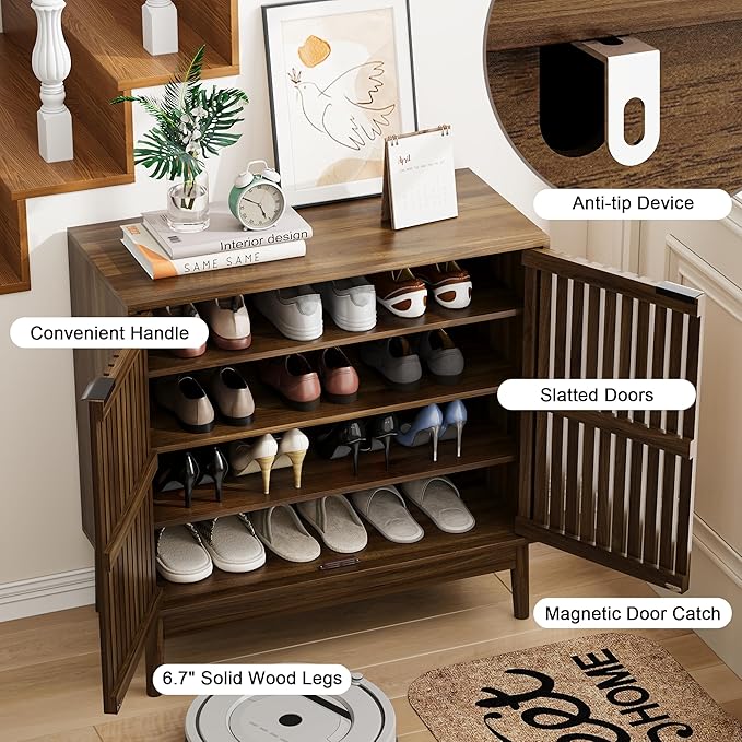 Shoe Cabinet with Slatted Doors, 4-Tier Freestanding Shoe Cabinet Storage for Entryway, Narrow Entryway Shoe Organizer Cabinets with Shelves (Walnut, 31.5" Wide)