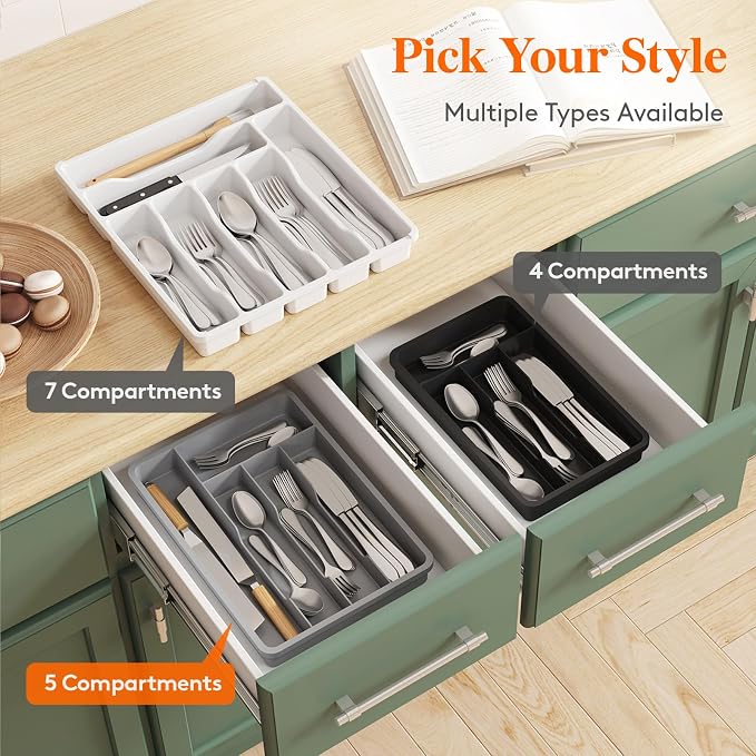 Lifewit Silverware Drawer Organizer Tray, Plastic Cutlery Storage for Kitchen, Flatware and Utensil Holder Divider for Spoons Forks Knives Tableware, 9.5 x 13.4", 5 Slots, White