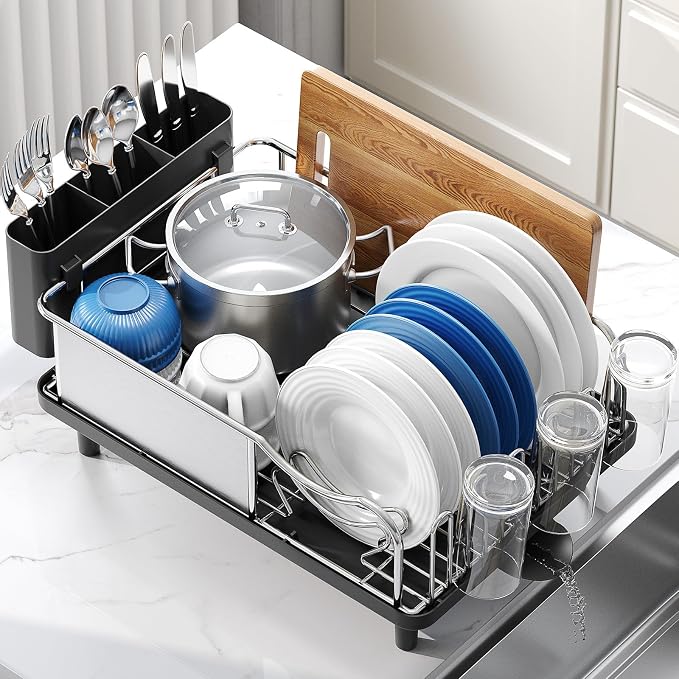 Urackify Stainless Steel Dish Drying Rack - Large Capacity Kitchen Counter Organizer with Drain Board, Utensil Holder & Detachable Cup Shelf, Surgical-Grade Rust-Proof Dish Drainer, Easy Assembly