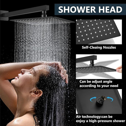 Aolemi Shower Faucet Set Rain Shower System with Handheld Spray Bathroom Shower Combo Rough-in Valve and Shower Trim Kit Included Matte Black 16 Inch Wall Mount Shower Head