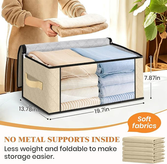Fab totes 35L Closet Organizers and Storage, Foldable Under Bed Storage Containers, Storage bags for Organizing Bedroom, Closet, Clothing,Organization with Handle (3 Pack,Beige)