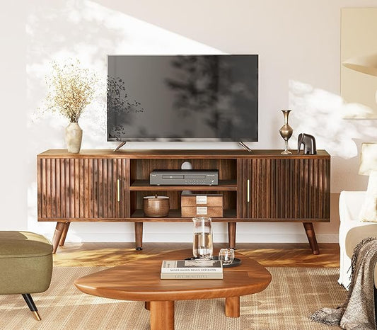 SUPERJARE TV Stand for 55 Inch TV, Entertainment Center with Adjustable Shelf, 2 Cabinets, TV Console Table, Media Console, Solid Wood Feet, Cord Holes, for Living Room, Bedroom, Walnut