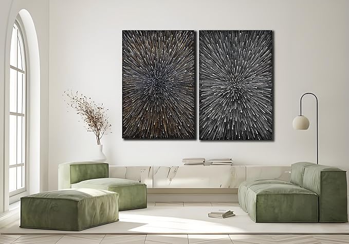 moshinart 24 x 36in Hand-Painted Oil Painting 3D Texture Sense of Space Silver Firework Modern Minimalist Colorful Abstract Wall Art, Home Office Wall Decoration Silver