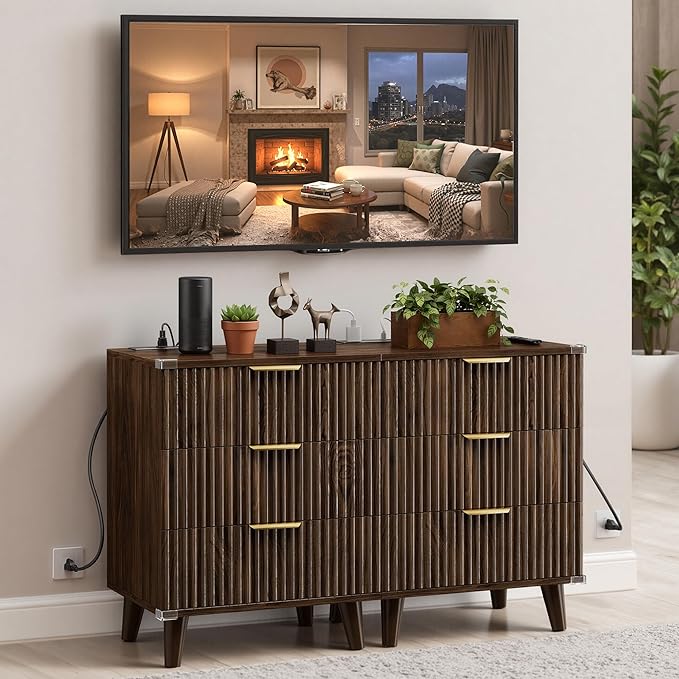 Walnut Fluted nightstands Set of 2, 20 inch Modern Nightstand with Charging Station Wood Bedside End Table with 3 Large Storage Drawers, Tall Side Table for Bedroom Sofa Office