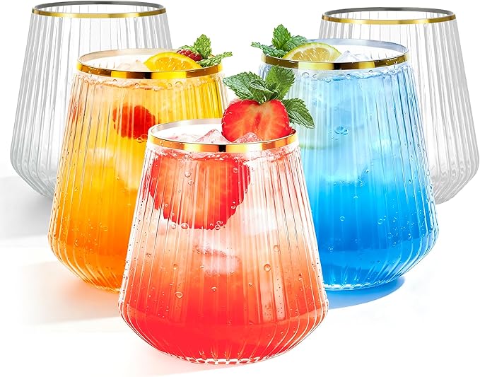 BESTSTAR 36 Pcs 12 oz Plastic Clear Gold Rim Ribbed Wine Glasses, Origami Ripple Disposable Champagne Glasses Elegant Whiskey Glasses Ideal for Weddings, Bars, Christmas, Pool Party, Daily Use