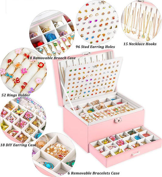 QBestry Earring Jewelry Box for Girls Pink, 5 Layers Jewelry Organizer with Lock Key Jewelry Boxes for Women Necklace and Earring Holder Organizer for Girls Teen Jewelry Box Earrings Case Xmas Gifts