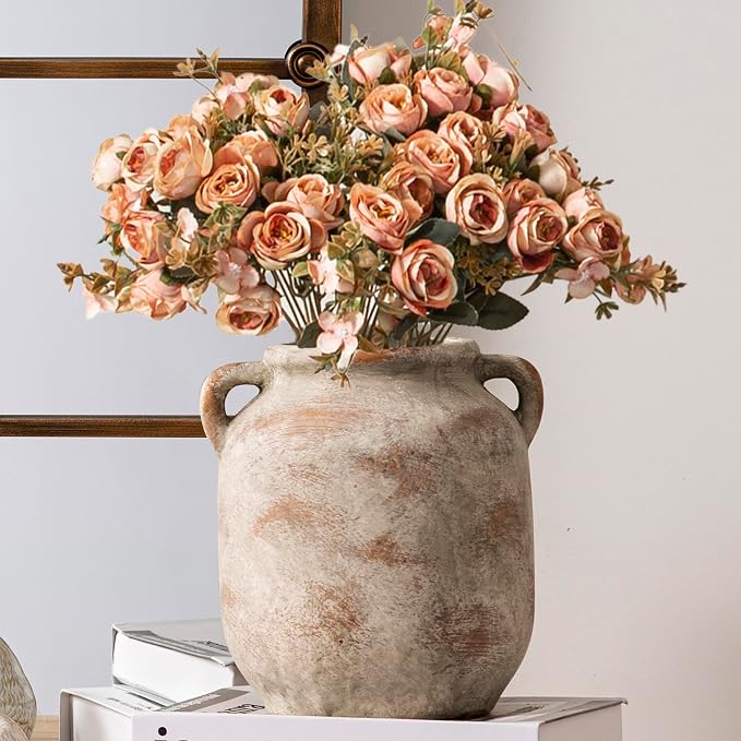 Ceramic Flower Vase Home Decor - Farmhouse Rustic Table Vases with Handle Living Room Decoration Decorative Vintage Pottery for Kitchen Shelf Coffee Dining Bookshelf Fireplace Centerpiece (7.6" Retro)