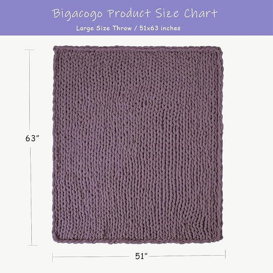 Bigacogo Chunky Knit Throw Blanket for Couch, 51x63 inches, 100% Hand Knitted with Thick Jumbo Chenille Yarn, Cozy Soft Large Rope Knot Cable Crochet Blankets for Sofa Bed Living Room, Winter Grape