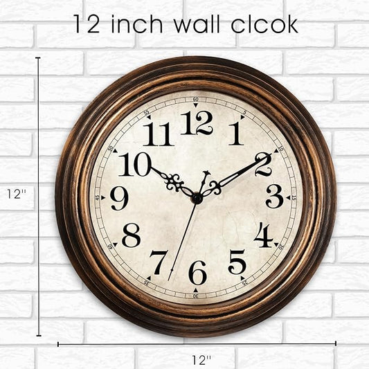 Wall Clock - 12 Inch Vintage Battery Operated - Retro Silent Non Ticking - Decorative Living Room Home Kitchen School Office