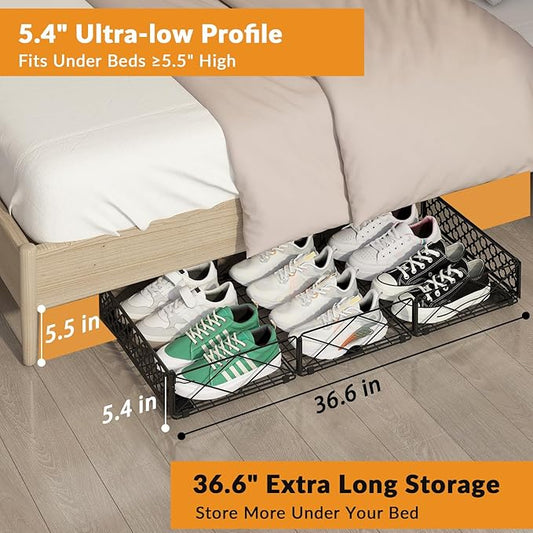 NADAMOO 5.4 in Low Profile Under Bed Storage, 36.6" Ultra Long Metal Underbed Organizer with 6 Smooth Rolling Wheels, 110 lbs Heavy Duty Foldable Under Bed Container for Shoes, Clothes, Toys, 2 Packs