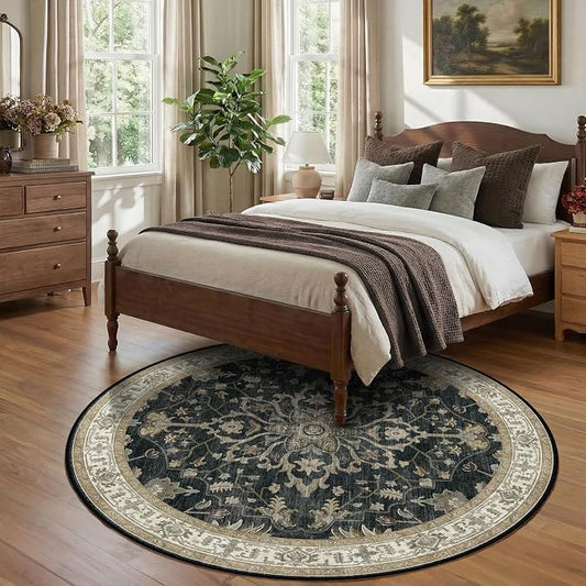 RELEANY Area Rugs Round 7ft Washable Non-Slip, Floral Vintage Distress Medallion Carpet for Living Room Bedroom Dining Room, Vintage Black Brown Neutral