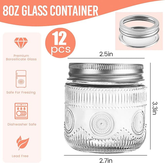 Amzcku 8 oz Vintage Mason Jars with Lids, Regular Mouth Canning Jar, Safe For Storage, Canning, Pickling, Preserving, Fermenting, DIY Crafts & Decor 12 Pack