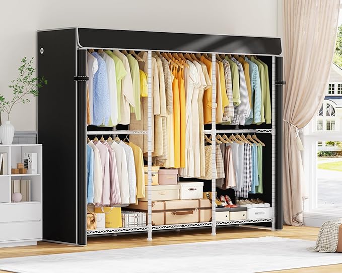 E14C Heavy Duty Closet Organizer System,Freestanding Clothing Racks for Hanging Clothes,Adjustable Garment Rack 70.1" W × 16.6" D × 76.4" H Hold 960 lbs,White Rack with Black Dustproof Cover