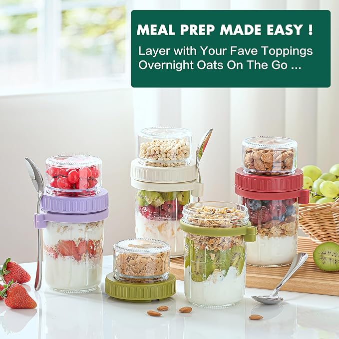 Danmu 2 Pack Overnight Oats Containers with Lids 21 oz (16+5),Dual-Layer Yogurt Parfait Cups with Lids,Meal Prep Containers Glass for Snack,Overnight Oats,Yogurt,Parfait,Salad Dishwasher Safe