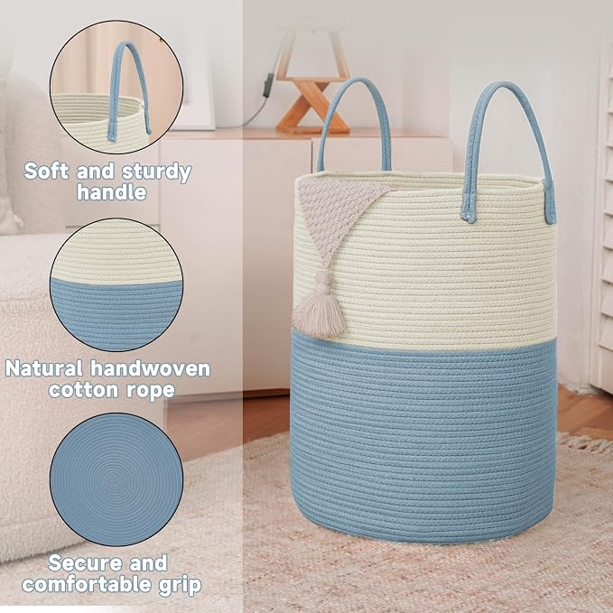 JMvicyroam Large Woven Laundry Basket Hamper,80L Cotton Rope Storage Bin for Blankets,Toys and Clothes,Decorative Tall Nursery Hamper for Living Room,Baby Nursery,Bathroom and Bedroom,White and Blue