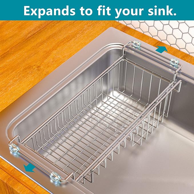 FavoThings Over The Kitchen Sink Caddy Sponge Holder Organizer Drying Rack Expandable for Sponge Brush Soap Dish Cloth Rag 14.5" to 22", Stainless Steel