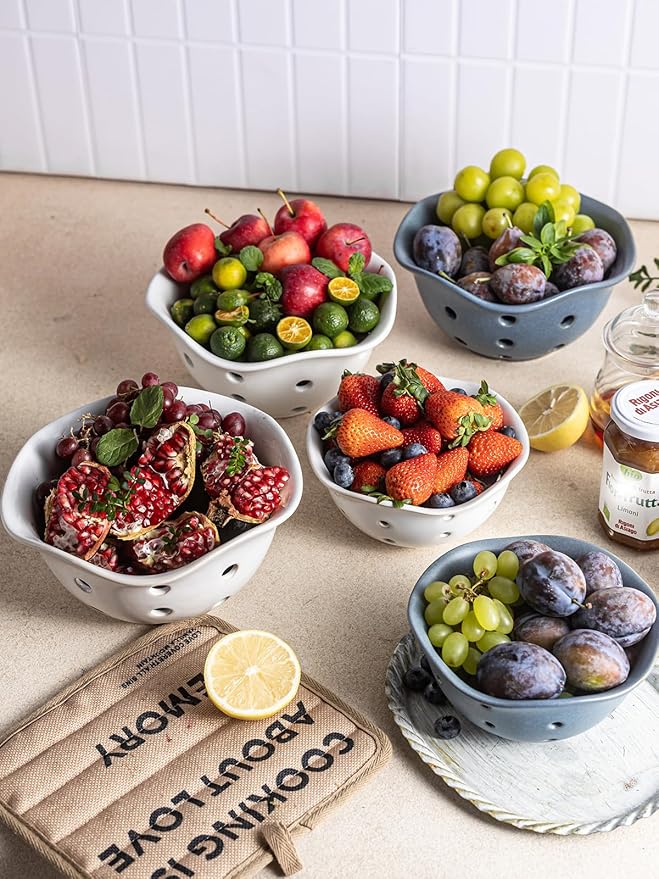 Gomakren Ceramic Berry Basket Set of 2, Elegant Fruit Basket Container 6 Inch, Fruit Bowl with Holes for Kitchen Counter, Berries, Strawberry, Grape, Cherry, Floral Shape - White
