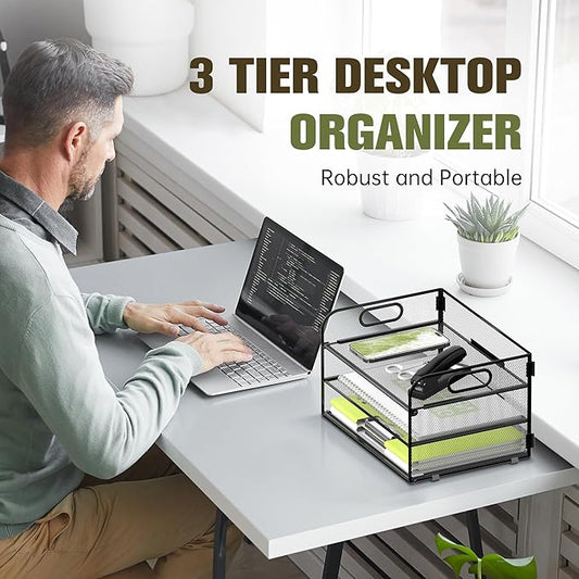 DALTACK 3 Tier Paper Organizer with Handle, Mesh Metal Desk Organizer with Sliding Paper Trays for Letter/A4 Paper, Mail, Bills & Folders, Black