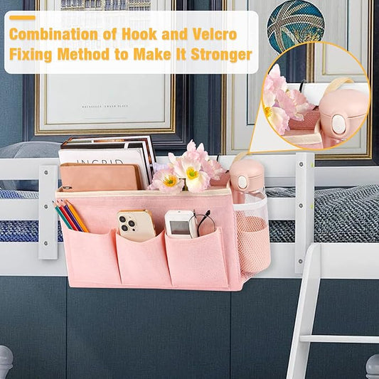 Lilithye Bedside Caddy Bedside Organizer Bedside Storage Caddy with Fixed Straps and Water Bottle Holder for Home College Dorm Bunk Bed Hospital Bed Crib Bed Rails (2pcs Pink)