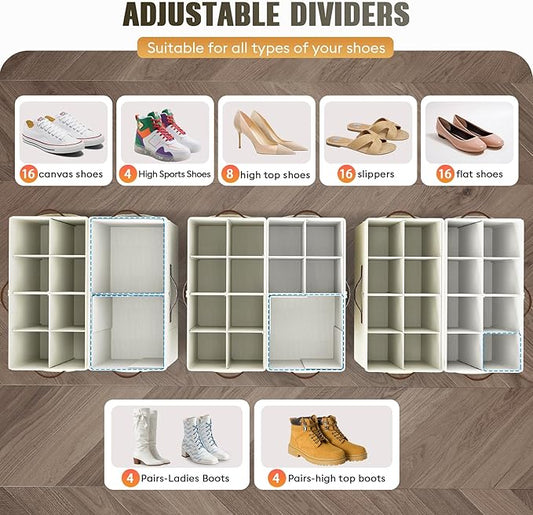 Budding Joy 2 Pack Shoe Organizer for Closet, Clear Foldable Shoe Storage Containers Adjustable Dividers Fits 16 Pairs,Shoe Storage Bins Baskets Boxes with Reinforced Handles Beige Yellow Beige