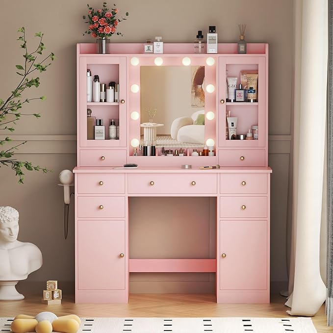 Vanity Desk with Mirror and Lights, Pink Vanity with Lighted Mirror & Power Outlet and 7 Drawers, 3 Color Modes Adjustable, Makeup Dressing Table Set with Lights for Girls Women