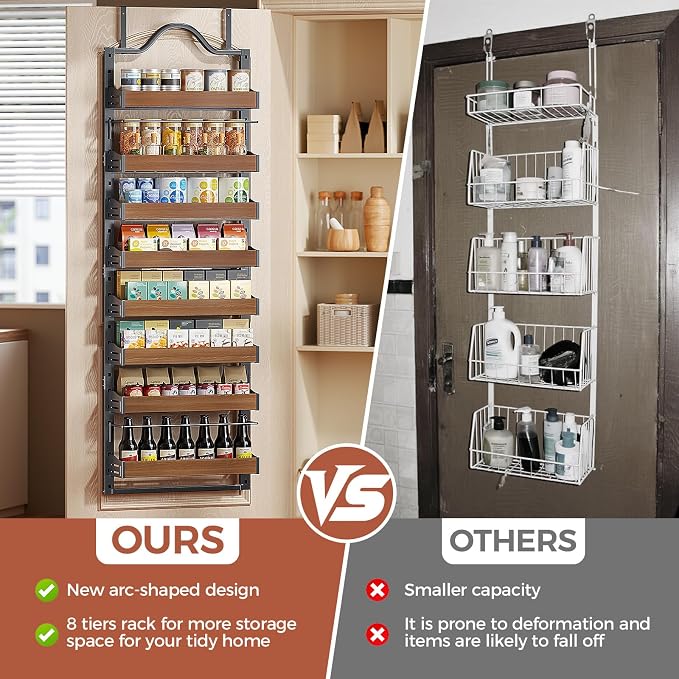 8-Tier Pantry Door Organizer, Over the Door Pantry Organizer with Wooden Adjustable Baskets, 2 IN 1 Spice Rack Wall Mount or Door Organizer, Door Spice Rack for Pantry(72.6×17.1×5.1in,Black)