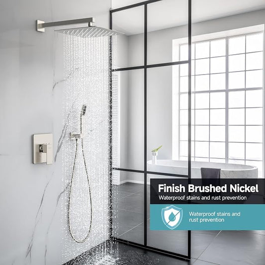 SR SUN RISE Shower Faucet Set & System - 12 Inch Rainfall Shower Head & Handle Set Wall Mounted Brushed Nickel Solid Brass Valve Trim Kit Included