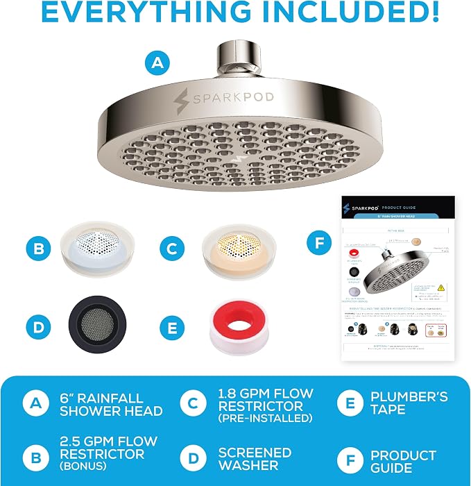 SparkPod Rain Shower Head, 6 Inch Round | High Pressure Shower Heads, 90 Nozzle (Touch-to-Clean), Adjustable Showerhead, No-tool Universal Connection