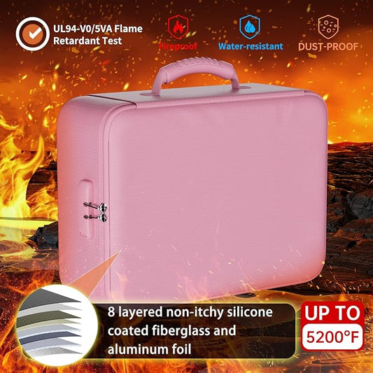 DocSafe 5200°F Document Organizer with Lock,Upgraded Heat Insulated Fireproof&Waterproof Box 8 Layers File Organizer,Portable Home Travel Safe Storage for Important Documents, Files,Pink (Soft)
