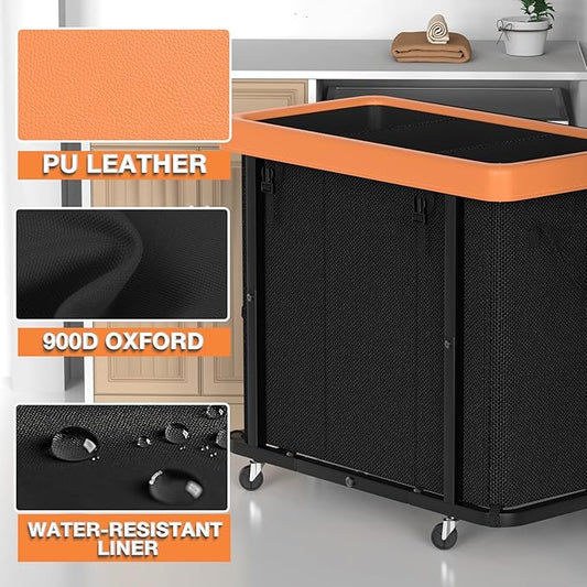 230L (60 Gal) Large Fashion Laundry Basket with Wheels, Leather Patchwork Laundry Sorter 3 Section, Sturdy Metal Frame, Removable Washable Bag, Tall Clothes Sorter for Bedroom - Black