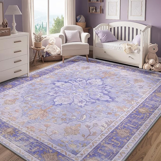 RELEANY Area Rugs 6'x9' Washable Non-Slip, Floral Vintage Distress Medallion Carpet for Living Room Bedroom Dining Room, Light Purple Brown