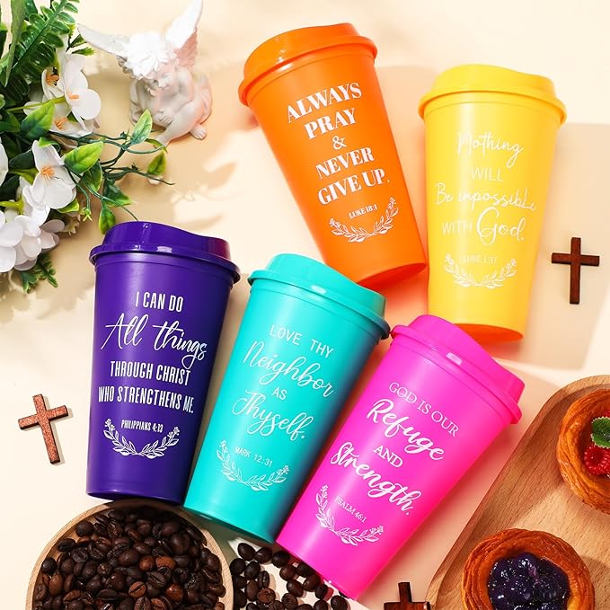 Skylety 20 Pack Christian Gifts for Men Women 16oz Reusable Bible Verse Tumbler Bulk Plastic Coffee Cups with Lids Inspirational Religious Church Gifts for Valentine Easter Birthday (Rainbow Color)