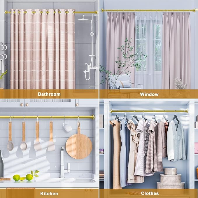 Ausemku Shower Curtain Rod 32-94 Inch Adjustable - 1 Inch Diameter Heavy Duty No drill Spring Tension Shower Rod, Non-Slip Rustproof Telescopic Rod for Bathroom, Gold